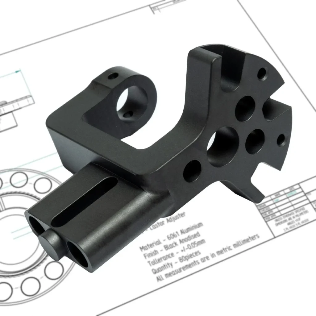 Black anodized custom CNC part machined from engineering drawing