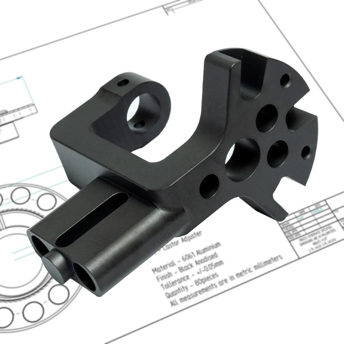 Black anodized custom CNC part machined from engineering drawing